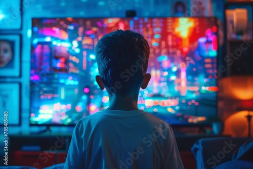 App screen over a shoulder of a boy in front of an smart-tv with a completely neon screen