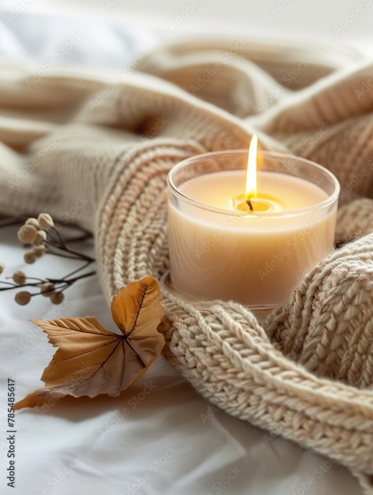 Aromatherapy Candle Illuminated in a Cozy, Warm Setting. Concept, Spa Accessories for Relaxation