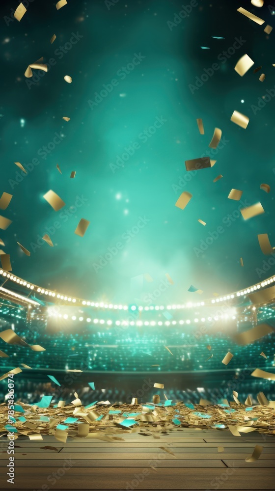 Turquoise background, lights and golden confetti on the turquoise background, football stadium with spotlights, banner for sports event