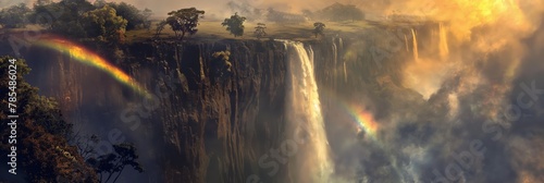 A breathtaking landscape showcasing a powerful waterfall with a vibrant rainbow amidst golden mist and lush greenery photo
