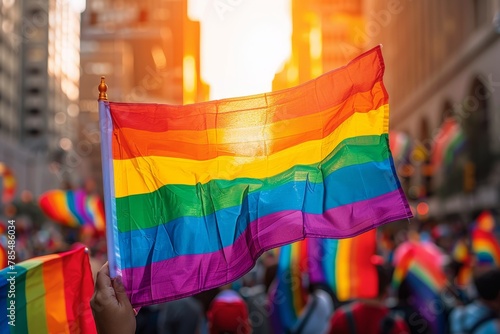 A rainbow LGBT flag flies against a blue sky photo