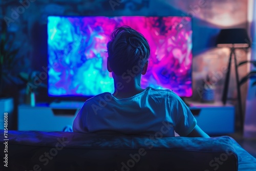 Display mockup from a shoulder angle of a teen boy in front of an smart-tv with an entirely neon screen