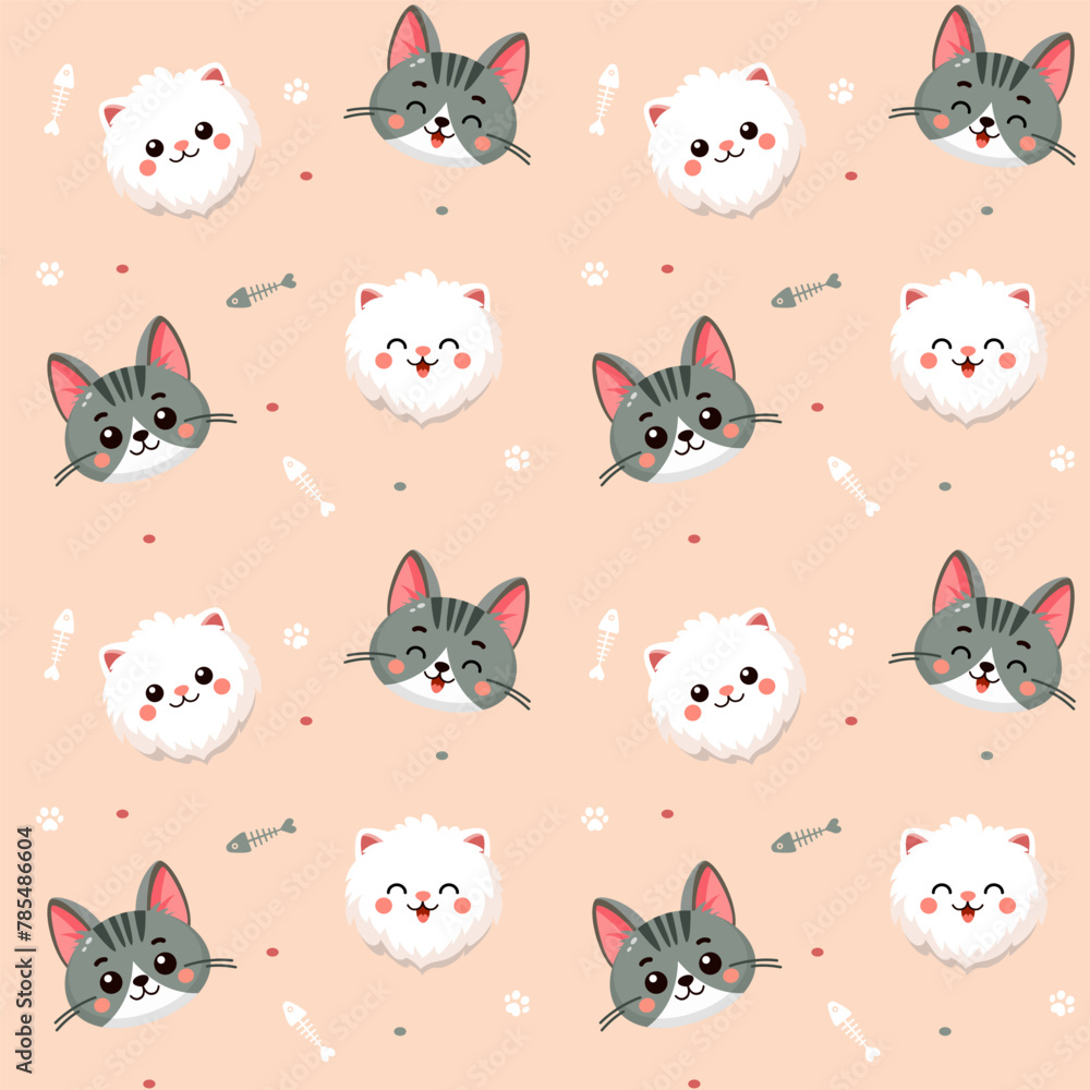 Cute cats pattern with different smile face cat, funny adorable cat or fluffy kitten, doodle pet friend. Vector illustration in flat style for sticker, print.
