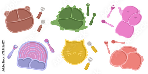 Collection of vector illustrations of kids tableware set, set of colorful children dishes in the shape of animals and rainbow isolated on white background in flat style.