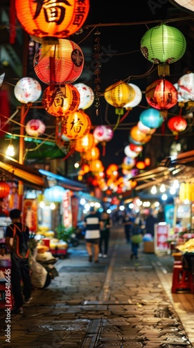 Bustling night markets in Taiwan, vibrant colors, exotic flavors, lively © Jiraphiphat