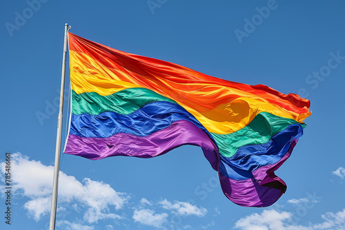 A rainbow LGBT flag flies against a blue sky photo