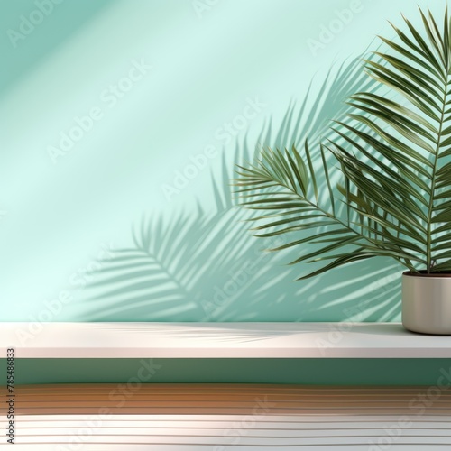 Turquoise background with palm leaf shadow and white wooden table for product display  summer concept
