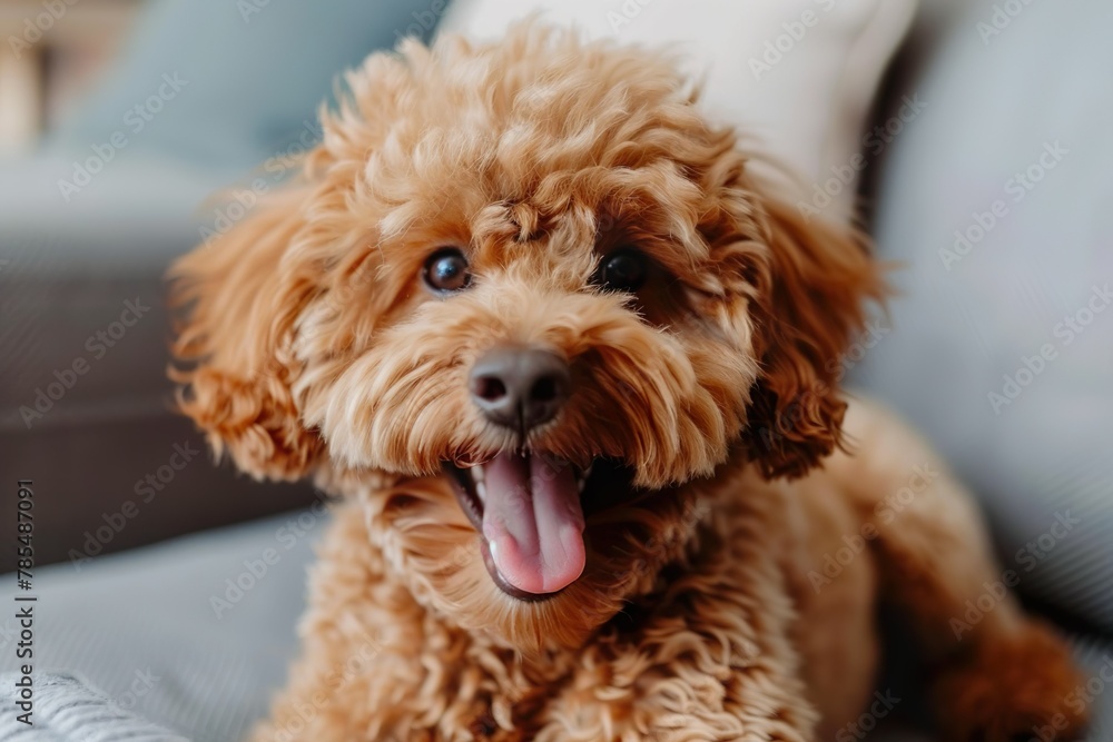An exuberant apricot poodle smiling on a sofa, its curly fur and joyful demeanor lighting up the room. An exuberant apricot poodle smiling on a sofa, its curly fur and joyful demeanor lighting up the room.