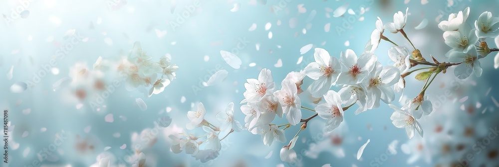 Delicate white cherry blossoms on branches, with a dreamy, soft-focus blue background and petals falling gently Delicate white cherry blossoms on branches, with a dreamy, soft-focus blue background and petals falling gently
