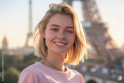 A woman with blonde hair is smiling and standing in front of the Eiffel Tower