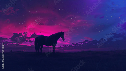The magic horse standing alone against the colorful night © Ashley