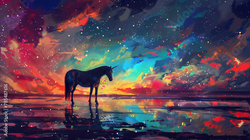 The magic horse standing alone against the colorful night