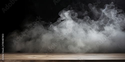 silver background with a wooden table and smoke. Space for product presentation, studio shot, photorealistic, high resolution