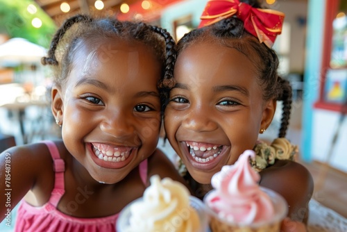 Two little cute black girls in a cafe with ice cream in their hands taking a selfie. Portrait of girls, happiness, childhood, treat, birthday, ice cream cone, celebration, dress, hair clips photo