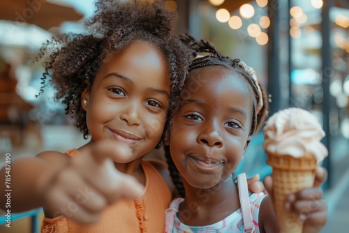 Two little cute black girls in a cafe with ice cream in their hands taking a selfie. Portrait of girls, happiness, childhood, treat, birthday, ice cream cone, celebration, dress, hair clips photo
