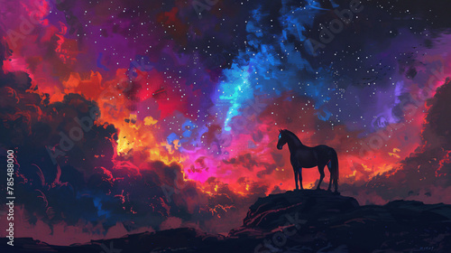 The magic horse standing alone against the colorful night photo