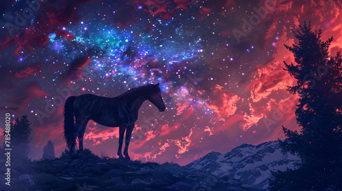 The magic horse standing alone against the colorful night