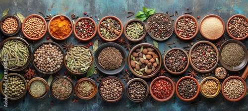 Vibrant spice palette  an artistic array of various spices displayed in small bowls or containers