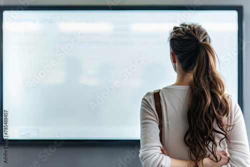 Application mockupover the shoulder shot of a woman in front of a interactive digital board with an entirely white screen Free Download Application mockupover the shoulder shot of a woman in front of a interactive digital board with an entirely white screen - GFXLoad