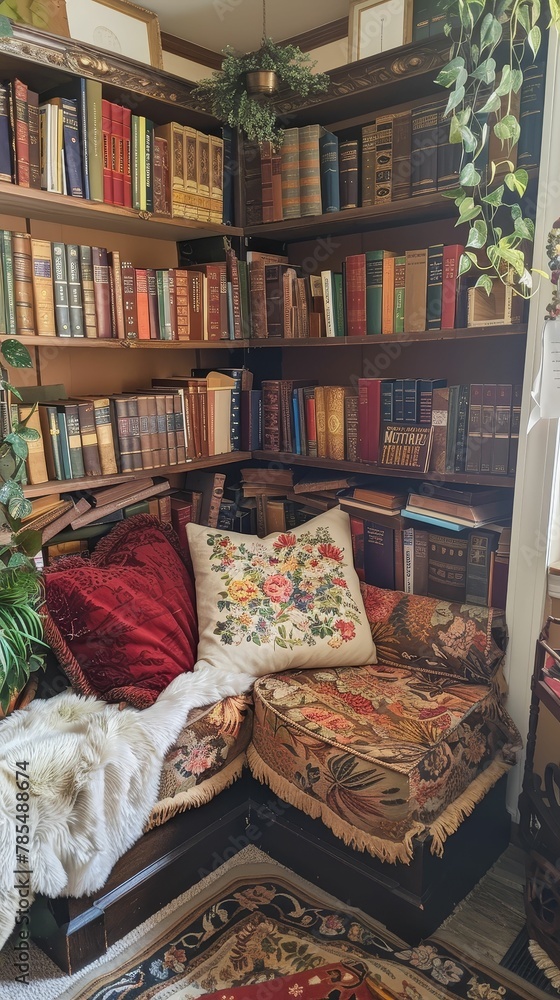 Cozy reading corner in a homeschool room, stacked with classic books, quiet, inviting