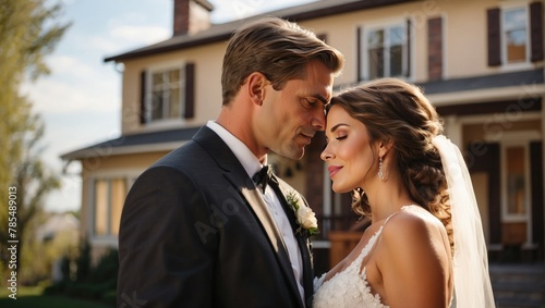 Newlyweds against the backdrop of the house photo