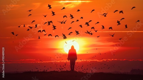 A lone figure against the expanse of the setting sun, finding solace in prayer as they release birds into the wild, a poignant symbol of releasing fears and embracing hope.