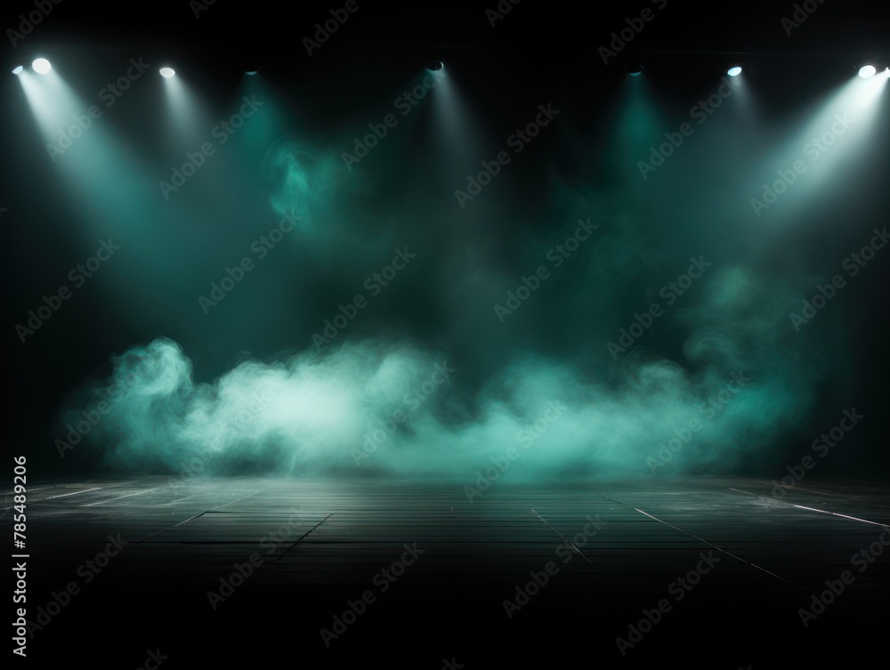 Turquoise stage background, turquoise spotlight light effects, dark atmosphere, smoke and mist, simple stage background, stage lighting, spotlights