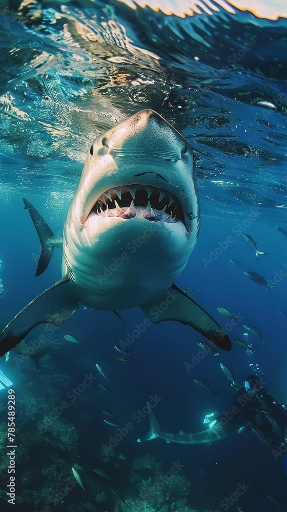 Obraz premium Diving with sharks in South Africa, adrenaline rush, underwater, thrilling