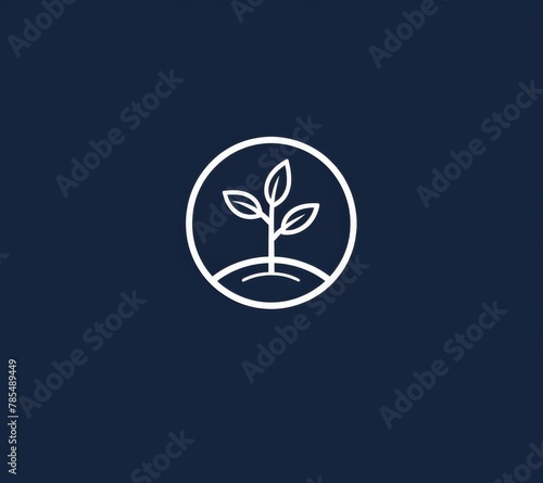 simple logo of plant growing for environment protection concept , minimalistic design, white outline on dark navy blue background