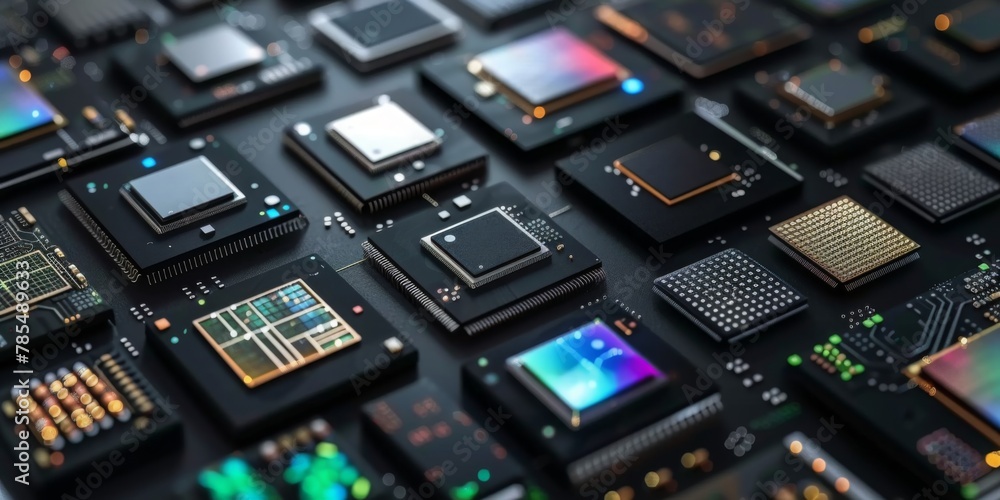 Manufacturing of microchips. Photo of top view of microchips, microcircuits, electronic devices. Contemporary technologies, sci-fi style, electronics, scientific fiction, future developments, flat lay Manufacturing of microchips. Photo of top view of microchips, microcircuits, electronic devices. Contemporary technologies, sci-fi style, electronics, scientific fiction, future developments, flat lay