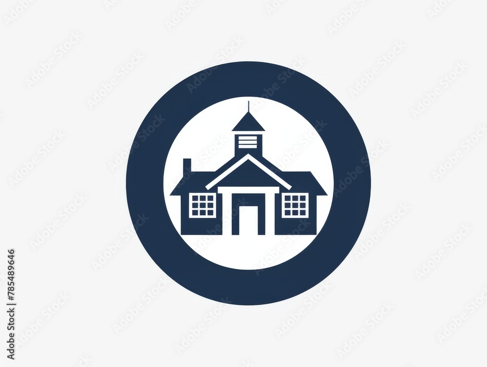 logo, simple line art of simple school building icon, navy blue circle background, white outline logo, simple line art of simple school building icon, navy blue circle background, white outline