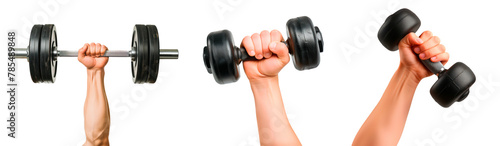 Set of hands holding a dumbbells isolated on a white or transparent background. Close-up of a dumbbells in hands, side view. Graphic design element on the theme of sports. photo