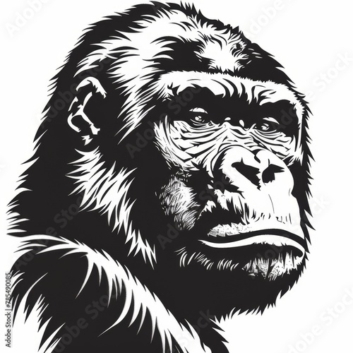 A black and white line drawing of a gorilla looking to the right.