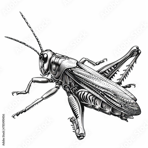 A detailed drawing of a grasshopper, made with pen and ink.