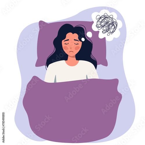 A woman lies in bed and cannot fall asleep. Mental disorder concept, depression, insomnia. Vector illustration