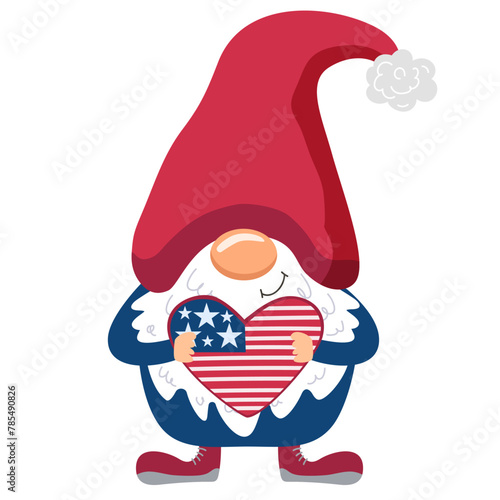 gnome patriot USA. The gnome holds the US flag. Gnomes celebrate the 4th of July. Vector illustration