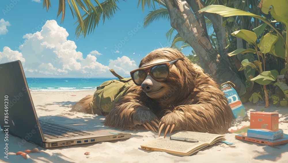 Naklejka premium A sloth wearing sunglasses lounging on the beach with a laptop