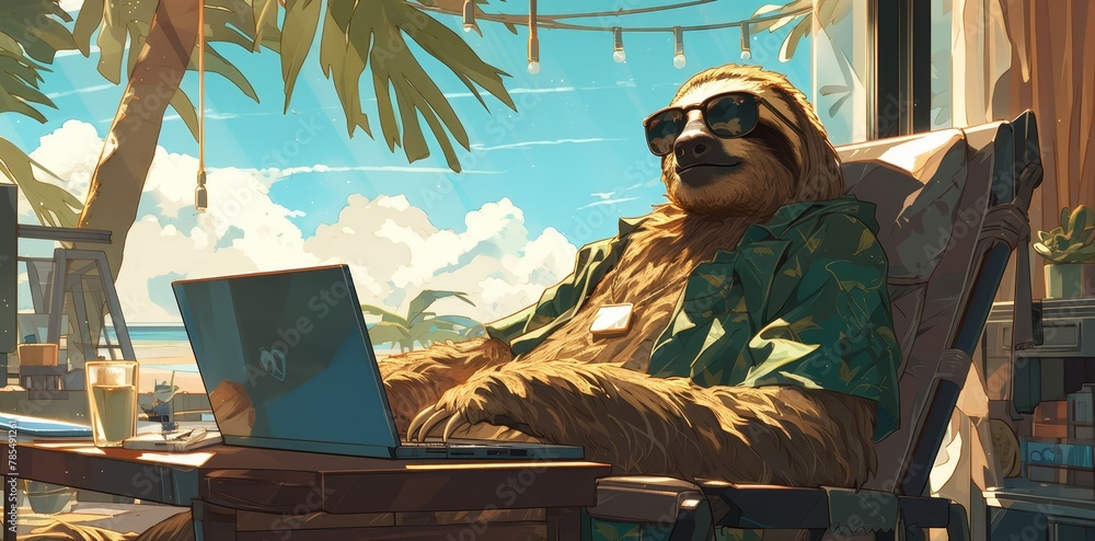 Obraz premium A sloth wearing sunglasses lounging on the beach with his laptop, in a tropical background