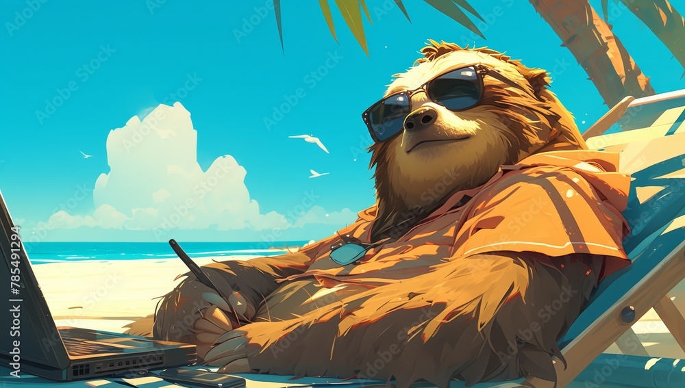 Fototapeta premium A sloth wearing sunglasses lounging on the beach with his laptop.