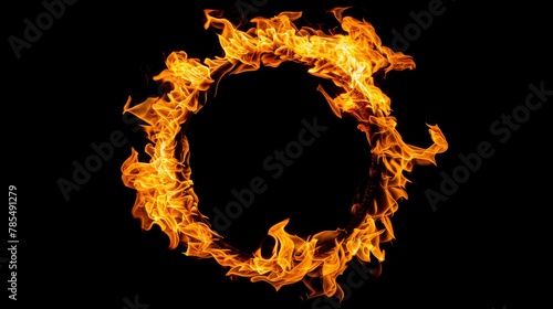 Circular frame composed of blazing flames, isolated against a dark black backdrop