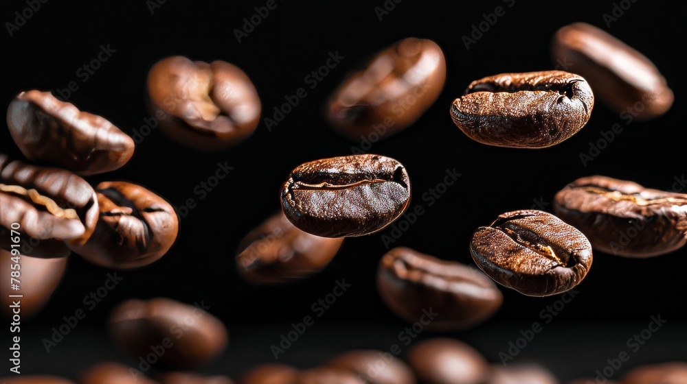 Fototapeta premium Roasted coffee beans in motion, levitating on black background for a captivating visual display