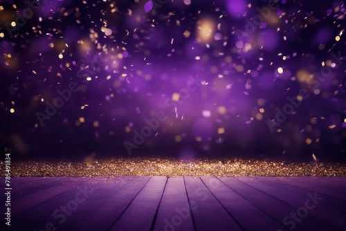 Violet background, football stadium lights with gold confetti decoration, copy space for advertising banner or poster design © GalleryGlider