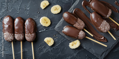 Chocolate covered bananas on a stick. A delicious fruit dessert for a candy bar. Banana pieces in liquid chocolate. photo