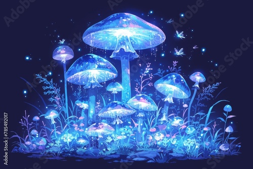 A glowing mushroom forest with mushrooms in the dark night sky