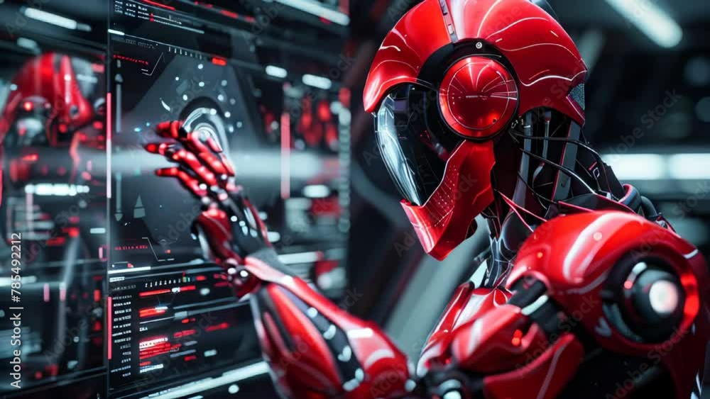 A glossy red and black futuristic humanoid robot A glossy red and black futuristic humanoid robot