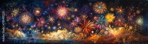 A breathtaking panorama of vibrant fireworks display over the city skyline, painted in rich hues..