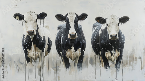 paointing of black and white cows  photo