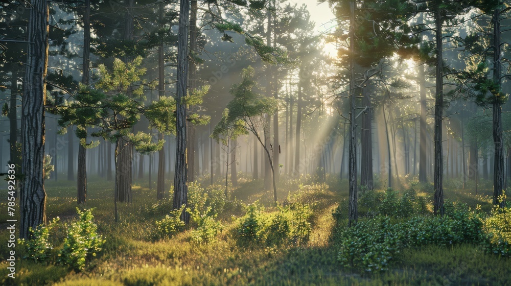 Obraz premium A forest with morning sunlight shining through the trees (Ray of Light)
