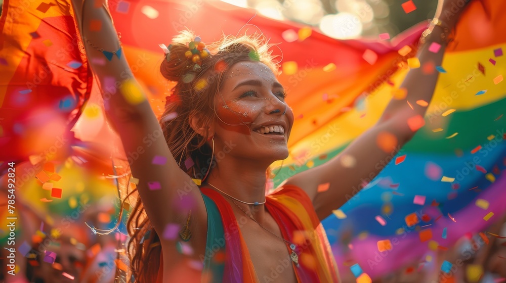 A young woman with a rainbow flag takes part in the festival by the LGBT community