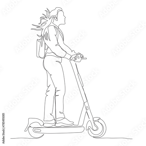 Woman with backpack riding electric scooter. Side view. Continuous line drawing. Black and white vector illustration in line art style.